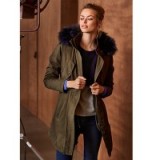 hush Eskimo Parka Coat, Khaki/Blue. Warm winter coats | stylish casual outerwear | faux fur trim jackets | womens Autumn fashion