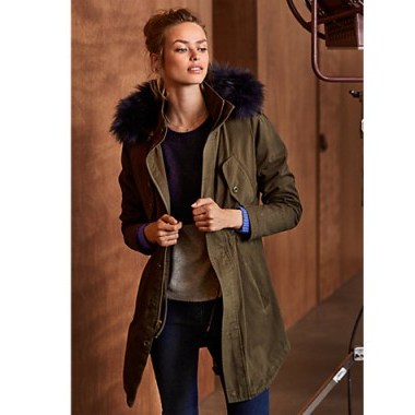 hush Eskimo Parka Coat, Khaki/Blue. Warm winter coats | stylish casual outerwear | faux fur trim jackets | womens Autumn fashion - flipped