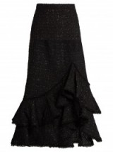 ERDEM Cerena ruffled tweed skirt ~ long black asymmetric skirts ~ designer clothing ~ layered ruffles ~ frilled fashion ~ frills ~ knee high slit ~ Spanish flamenco style ~ Autumn/Winter 2016-2017