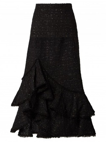 ERDEM Cerena ruffled tweed skirt ~ long black asymmetric skirts ~ designer clothing ~ layered ruffles ~ frilled fashion ~ frills ~ knee high slit ~ Spanish flamenco style ~ Autumn/Winter 2016-2017 - flipped