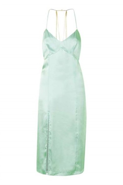 Topshop Chain Back Slip Dress in mint. Light green cami dresses | on-trend fashion | silky fabric | thin straps | strappy style | spaghetti strap - flipped