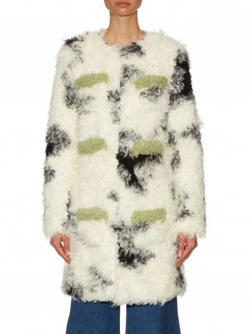 SHRIMPS Cheryl spotted faux-shearling coat in black/white. Fluffy winter coats | fur jackets | warm winter outerwear | stylish fashion - flipped