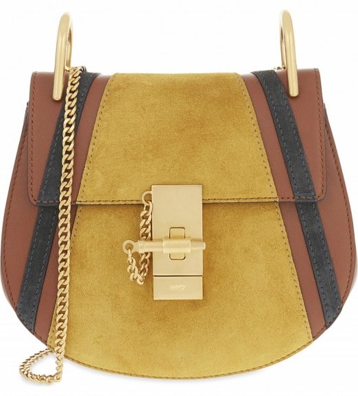 CHLOE Drew mini patchwork leather cross-body bag classic tobacco – luxe bags – small designer crossbody – warm autumn colours – winter tones – luxury accessories – gold chain strap shoulder bags - flipped