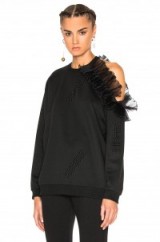 CHRISTOPHER KANE CUT AWAY FRILL SWEATSHIRT BLACK ~ chic style sweatshirts ~ luxury casual casual ~ sports luxe ~ fashion trends for Autumn/Winter 2016-2017 ~ frilled open shoulder ~ frills ~ ruffles ~