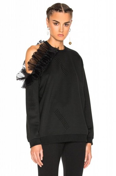 CHRISTOPHER KANE CUT AWAY FRILL SWEATSHIRT BLACK ~ chic style sweatshirts ~ luxury casual casual ~ sports luxe ~ fashion trends for Autumn/Winter 2016-2017 ~ frilled open shoulder ~ frills ~ ruffles ~ - flipped
