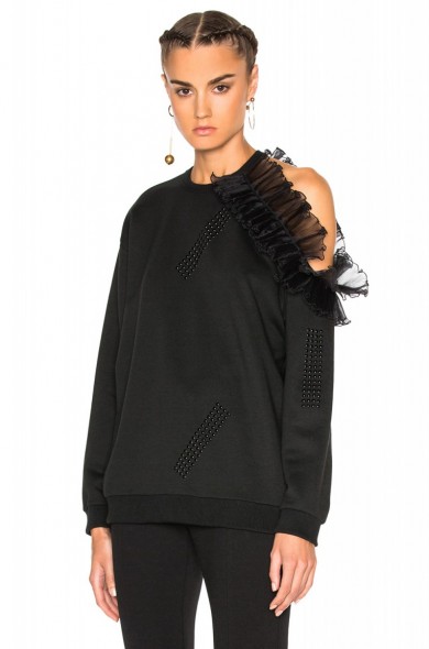 CHRISTOPHER KANE CUT AWAY FRILL SWEATSHIRT BLACK ~ chic style sweatshirts ~ luxury casual casual ~ sports luxe ~ fashion trends for Autumn/Winter 2016-2017 ~ frilled open shoulder ~ frills ~ ruffles ~