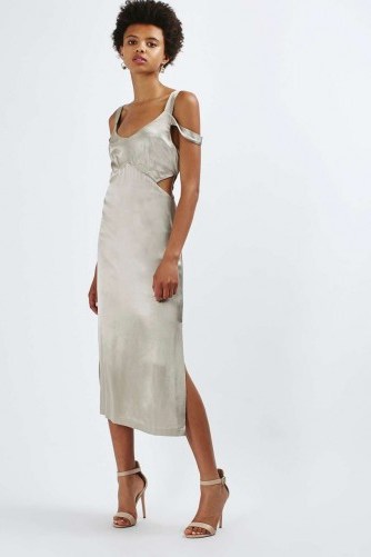 Topshop Cold Shoulder Cut-Out Midi Dress in silver. Fitted slip dresses | open shoulder | slinky style fashion | on-trend | silky evening wear | going out glamour | cut out detail - flipped