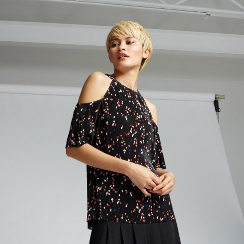 warehouse Confetti Spot pleated cold shoulder top ~ black printed open shoulder tops ~ multi coloured spots ~ spotty prints ~ on-trend fashion - flipped