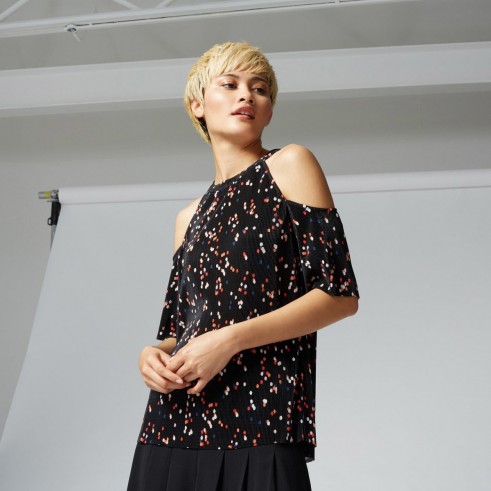 warehouse Confetti Spot pleated cold shoulder top ~ black printed open shoulder tops ~ multi coloured spots ~ spotty prints ~ on-trend fashion