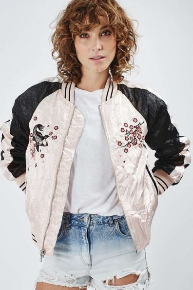 Topshop Contrast Embroidered Bomber Jacket pale pink. Casual luxe | crinkle effect jackets | autumn 2016 outerwear | on trend fashion - flipped