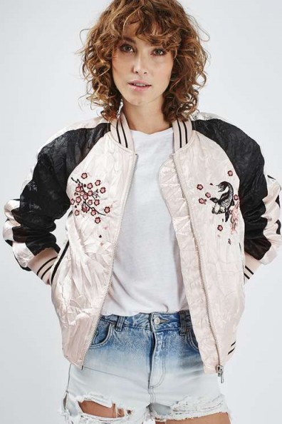 Topshop Contrast Embroidered Bomber Jacket pale pink. Casual luxe | crinkle effect jackets | autumn 2016 outerwear | on trend fashion