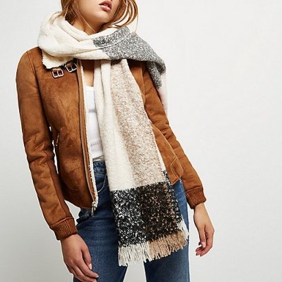 River Island Cream check tasseled blanket scarf. Soft snugly scarves | autumn/winter accessories | stylish street style accessory | affordable luxe - flipped