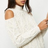 river island Cream cold shoulder cable knit jumper ~ open shoulder jumpers ~ knitted tops ~ autumn fashion ~ turtle neck sweaters ~ on-trend knitwear ~ high neck ~ neutrals ~ casual chic