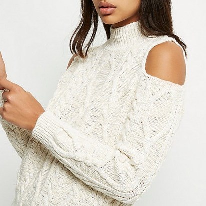 river island Cream cold shoulder cable knit jumper ~ open shoulder jumpers ~ knitted tops ~ autumn fashion ~ turtle neck sweaters ~ on-trend knitwear ~ high neck ~ neutrals ~ casual chic - flipped