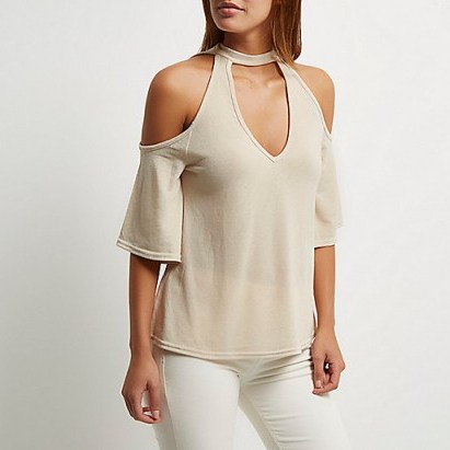 river island Cream cold shoulder flute sleeve top ~ open shoulder tops ~ choker tops ~ cut out fashion ~ neutrals - flipped