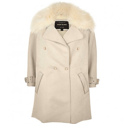 River Island Cream faux fur trim double-breasted coat. Womens winter coats | faux suede outerwear | chic autumn jackets | luxe street style fashion