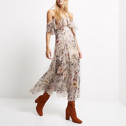 river island Cream floral print cold shoulder chiffon maxi dress ~ open shoulder dresses ~ strappy style ~ thin straps ~ feminine style fashion ~ ruffle detail ~ floaty - flipped