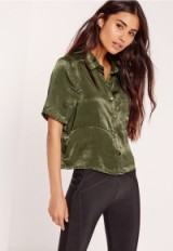 missguided crushed satin shirt khaki ~ green slinky shirts ~ casual luxe style tops ~ autumn fashion ~ soft silky fabric ~ affordable on trend clothing