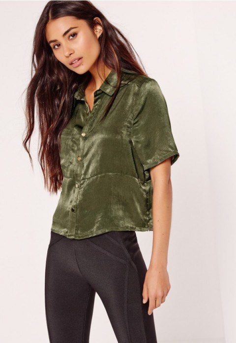 missguided crushed satin shirt khaki ~ green slinky shirts ~ casual luxe style tops ~ autumn fashion ~ soft silky fabric ~ affordable on trend clothing - flipped