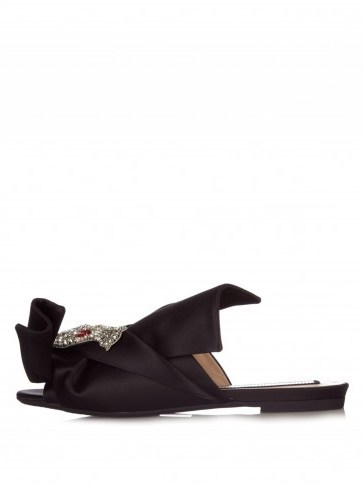 NO. 21 Crystal-embellished satin slides black. Luxe flats | slip on shoes | slip ons | designer footwear | crystal encrusted cat | large bow detail - flipped