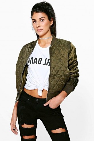 boohoo Darcy khaki-green quilted MA1 bomber jacket. On trend casual jackets | affordable outerwear | trending autumn clothing | street style fashion - flipped