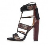 RIVER ISLAND Dark red caged T-bar block heels ~ snake print high heels – ankle strap shoes – evening wear – glamorous animal prints