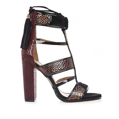 RIVER ISLAND Dark red caged T-bar block heels ~ snake print high heels – ankle strap shoes – evening wear – glamorous animal prints - flipped