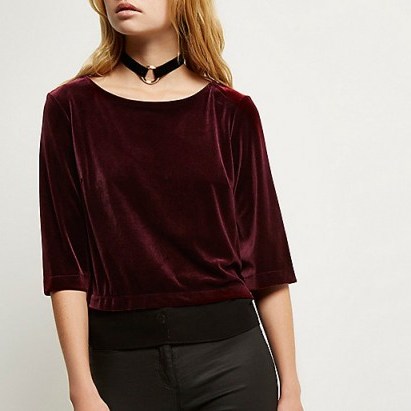 river island dark red velvet chiffon hem top – jewel tones – Autumn colours – relaxed fit tops – casual luxe – womens fashion - flipped