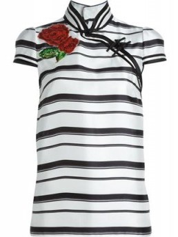 DOLCE & GABBANA Oriental style black and white striped mandarin collar silk blouse. High neck blouses | high neckline tops | short sleeved top | stripes | designer fashion - flipped
