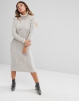 Fashion Union Dove Grey Roll Neck Maxi Dress In Textured Knit ~ slim fit knitted dresses – autumn/winter knitwear – warm and stylish fashion