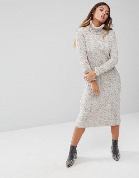 Fashion Union Dove Grey Roll Neck Maxi Dress In Textured Knit ~ slim fit knitted dresses – autumn/winter knitwear – warm and stylish fashion - flipped