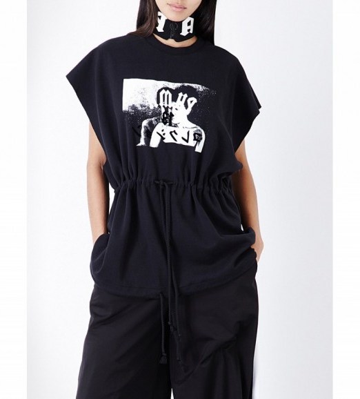 FENTY X PUMA Puma x fenty drawstring cotton-blend t-shirt in black. Printed tees | designer tops | casual t-shirts | Rihanna’s leisure wear collection - flipped