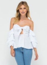 GoJane Flirty And Fabulous Off-Shoulder Top white ~ off the shoulder tops ~ bardot style fashion ~ feminine look ~ voluminous layered sleeves ~ front bow
