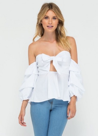 GoJane Flirty And Fabulous Off-Shoulder Top white ~ off the shoulder tops ~ bardot style fashion ~ feminine look ~ voluminous layered sleeves ~ front bow - flipped