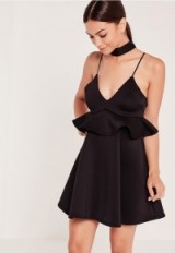 missguided frill waist bonded scuba skater dress in black ~ little black dress ~ lbd ~ going out dresses ~ evening fashion ~ party style ~ plunge front | ruffled waist | strappy