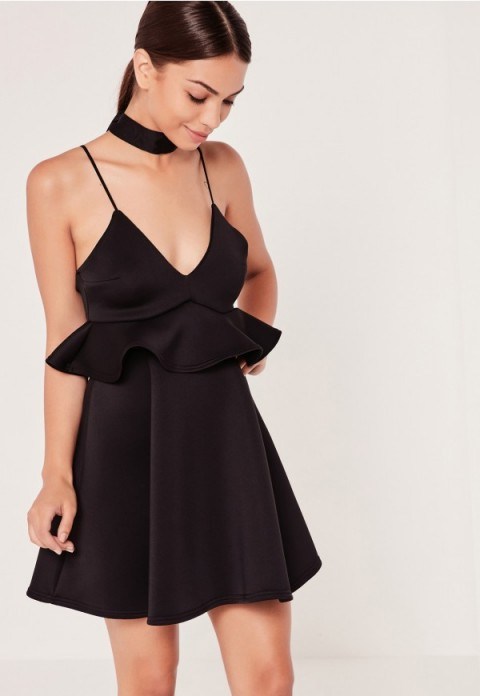 missguided frill waist bonded scuba skater dress in black ~ little black dress ~ lbd ~ going out dresses ~ evening fashion ~ party style ~ plunge front | ruffled waist | strappy - flipped