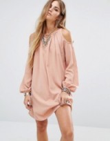 Glamorous Blush Cold Shoulder Swing Dress ~ light pink open shoulder dresses ~ trapeze style ~ trending fashion