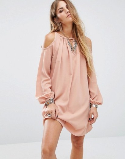 Glamorous Blush Cold Shoulder Swing Dress ~ light pink open shoulder dresses ~ trapeze style ~ trending fashion - flipped