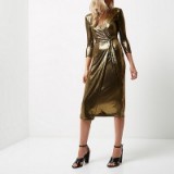 RIVER ISLAND Gold plunge wrap dress ~ metallic party dresses – going out fashion – glam evening out – glamorous style – 70s disco vibe