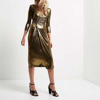 RIVER ISLAND Gold plunge wrap dress ~ metallic party dresses – going out fashion – glam evening out – glamorous style – 70s disco vibe - flipped