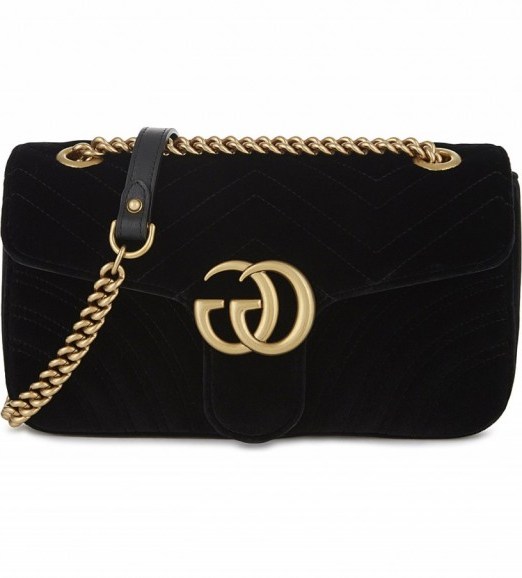 GUCCI Gg marmont small black velvet shoulder bag ~ designer bags ~ fashion trends for Autumn/Winter 2016-2017 ~ soft fabric ~ luxe handbags ~ luxury crossbody - flipped