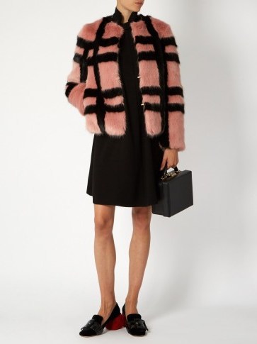 SHRIMPS Gustav checked faux-fur jacket pink/black. Winter jackets | warm outerwear | designer coats - flipped