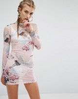 Jaded London Sheer High Neck Mini Boydcon Dress In Magic Print – pink see-through mini dresses – bird and floral prints – long sleeved – printed fashion
