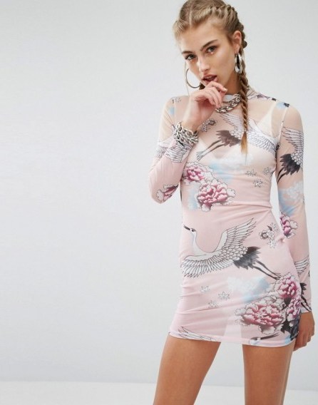 Jaded London Sheer High Neck Mini Boydcon Dress In Magic Print – pink see-through mini dresses – bird and floral prints – long sleeved – printed fashion - flipped