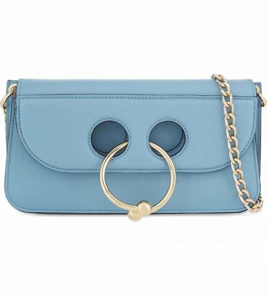 JW ANDERSON Pierce small baby blue leather cross-body bag – designer handbags – chain strap handle – gold ring detail – flap bags
