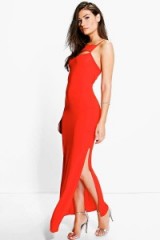 KATY CUT OUT NECK SLIP MAXI DRESS in poppy. Long red cami dresses | going out glamour | affordable evening fashion | slinky fabric | spaghetti strap | thin straps | side slit