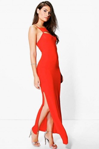 KATY CUT OUT NECK SLIP MAXI DRESS in poppy. Long red cami dresses | going out glamour | affordable evening fashion | slinky fabric | spaghetti strap | thin straps | side slit - flipped