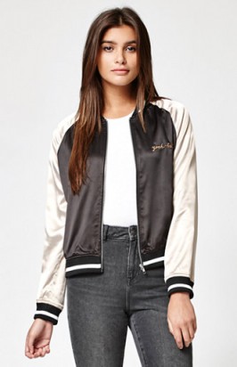 Kendall & Kylie Kendall & Kylie Two-Tone Satin Bomber Jacket. On-trend jackets | fashion trending now | casual weekend clothing | silky style fabric