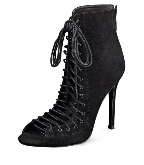KENDALL + KYLIE Ginny Lace Up Open Toe Booties black – high heeled ankle boots – stiletto heel footwear – peep toe front laced style – on trend fashion - flipped
