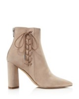 KENDALL + KYLIE Gretchen Pointed Toe Block Heel Booties in natural – block heel ankle boots – suede footwear – high heeled boots